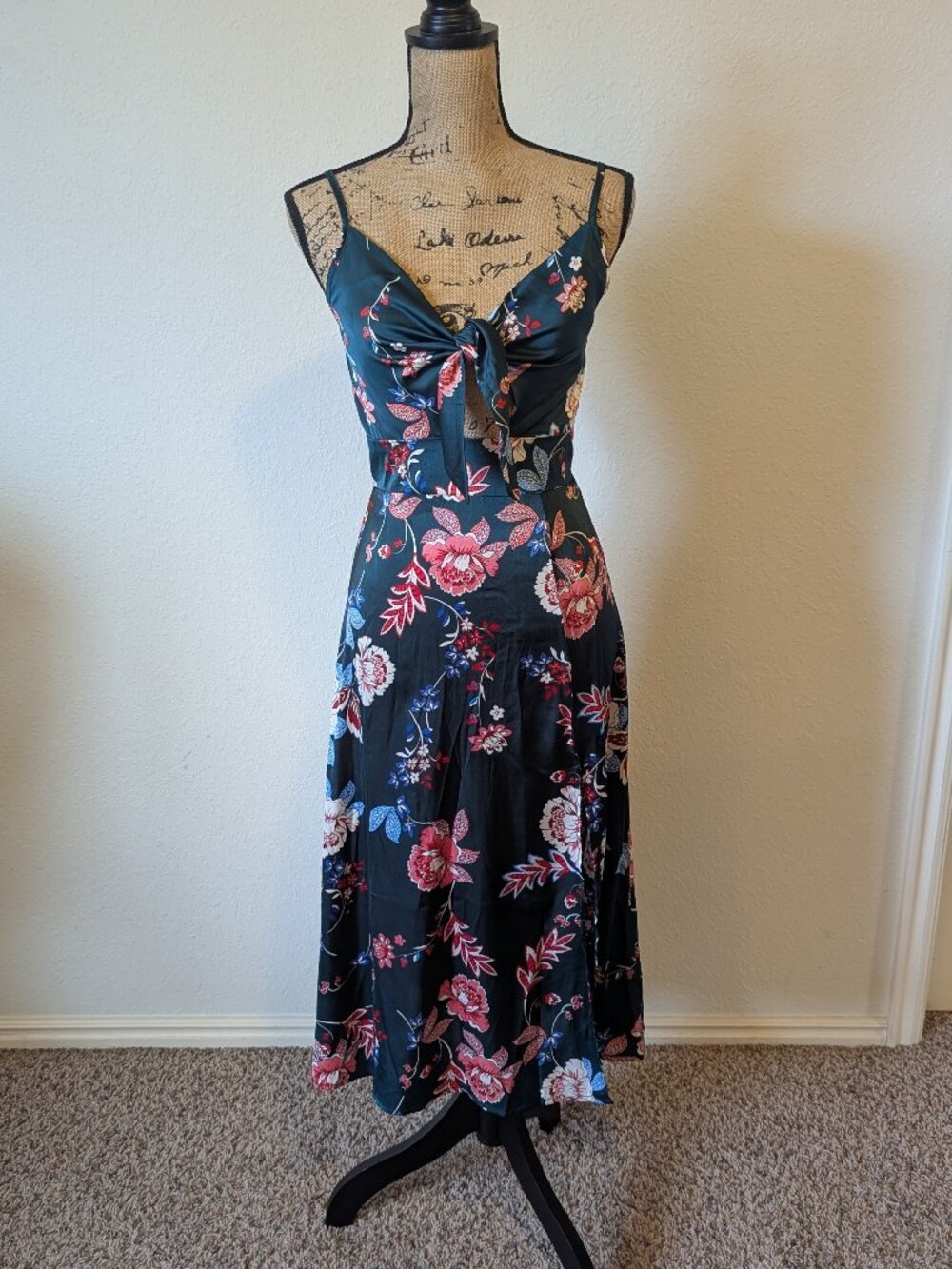 Dolls Kill Floral Satin Tie Front Cutout Midi Dress Black XS